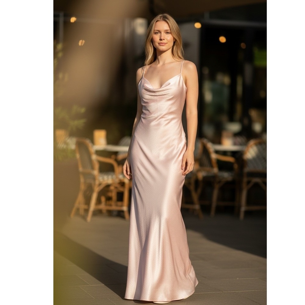 Lovers and Friends Maxi Dress Size Med‎ Pink Cowl Neck Satin Jacquard Tie Back